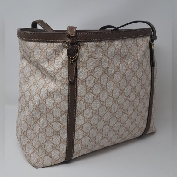 Gucci Women's Bag Tote Satchel Beige Monogram Leather Trim PVC 11.5 x 14.5 - Picture 5 of 16